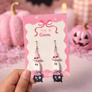 Cute Halloween Ghost Earrings Pink Witch Hat Cauldron Dangle Earrings Spooky Jew
